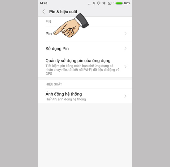 Vào cài đặt Pin